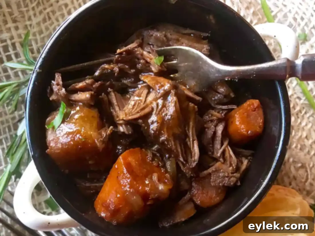 Close-up of the tender braised beef stew ready to be served