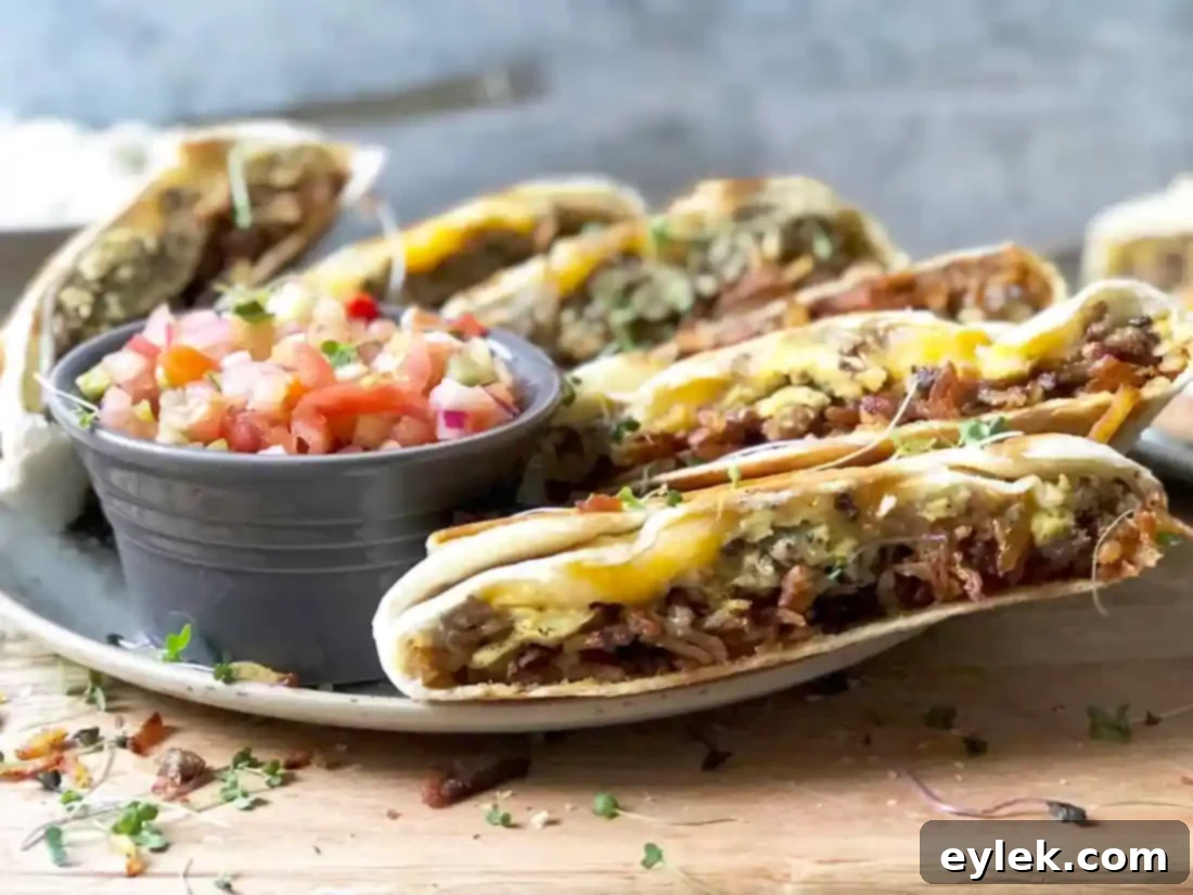 Stacked homemade breakfast crunchwraps, showing the crispy exterior
