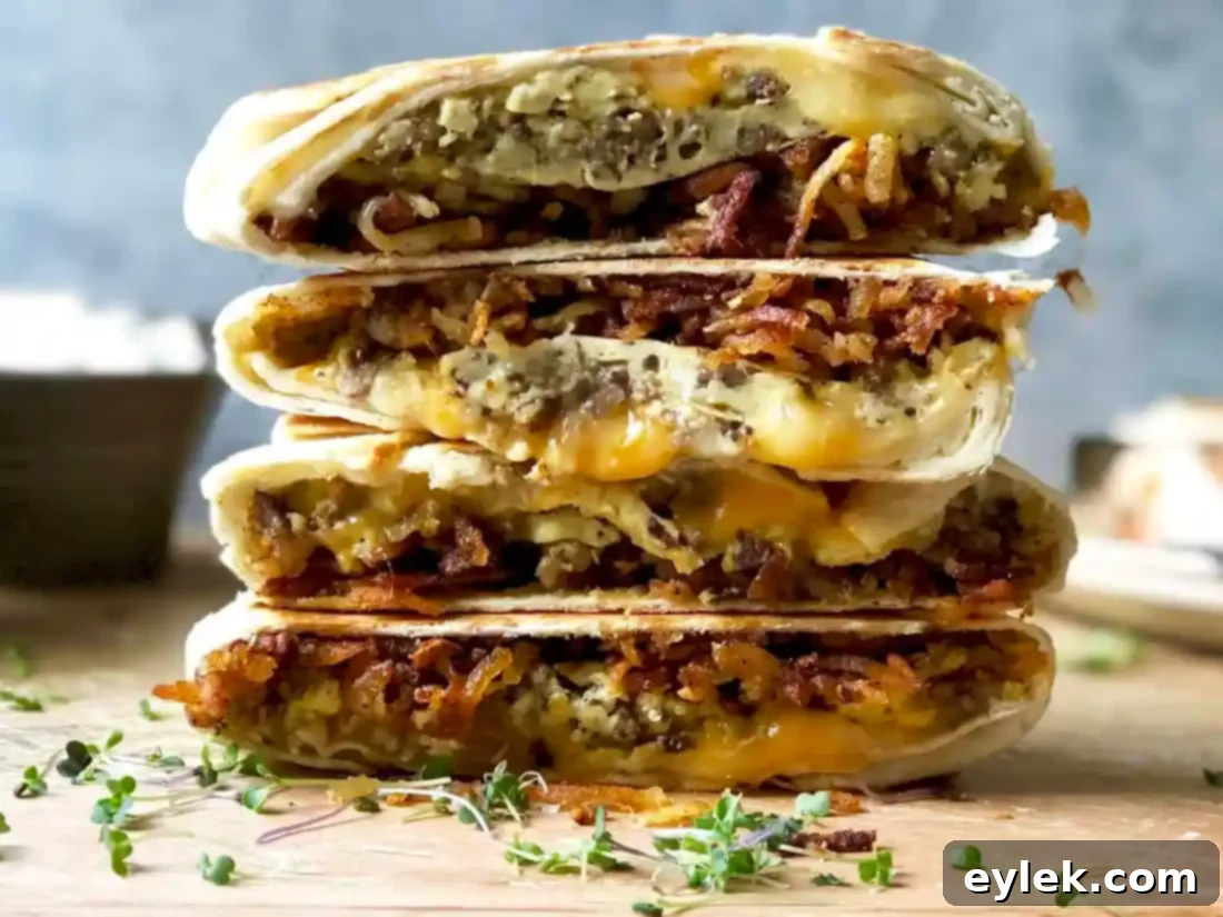 Close-up of a perfectly folded homemade breakfast crunchwrap