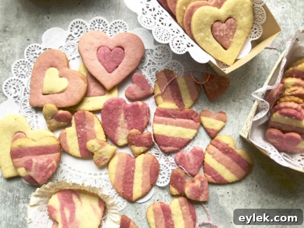 Various styled heart cutout cookies ready for baking
