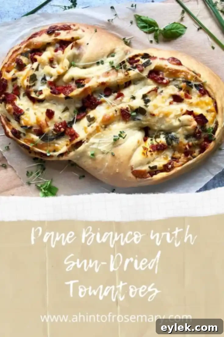 close-up of baked Pane Bianco with sun-dried tomatoes, showing the beautiful crust and filling