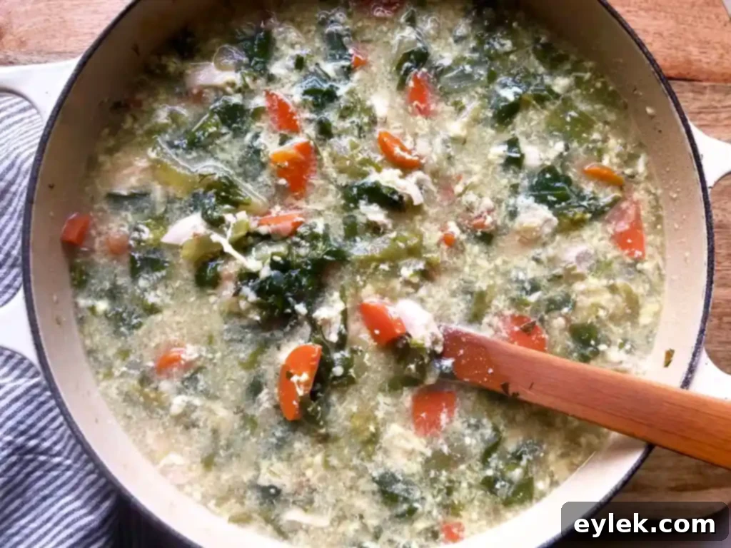 Finished Chicken Escarole Soup with Egg & Pasta, served with fresh herbs as garnish.