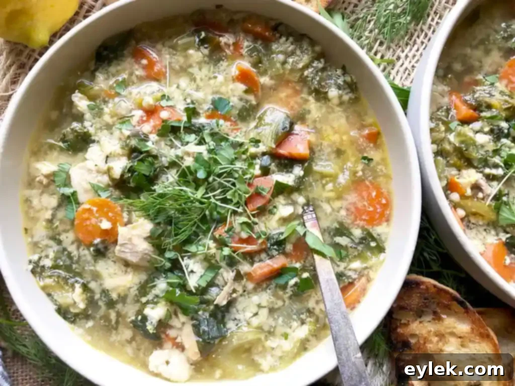 A vibrant and comforting serving of Chicken Escarole Soup with egg 'rags' and small pasta.