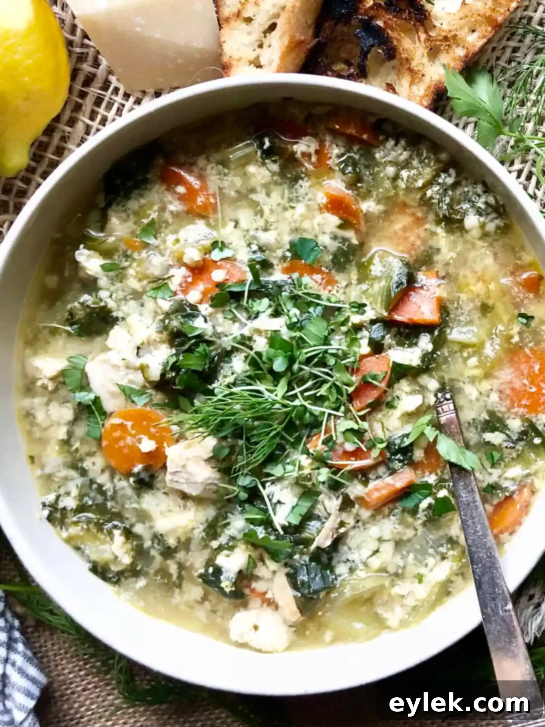 Chicken Escarole Soup with Egg & Pasta recipe card cover image, showcasing a delicious, wholesome, and nutritious soup.