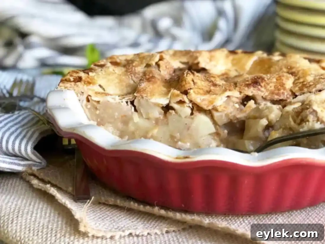 Two slices of Deep Dish Apple Pie, one topped with ice cream