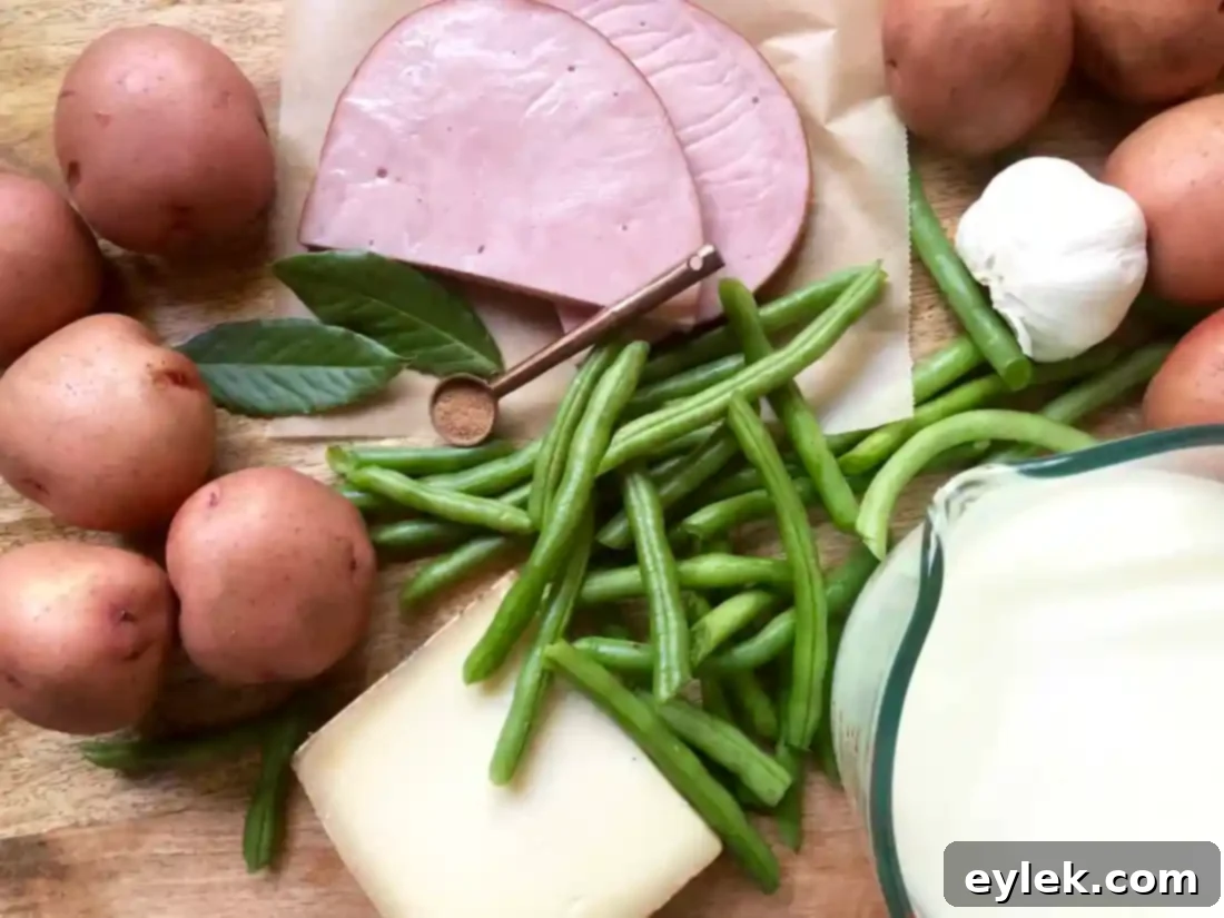 potato gratin with haricots verts & ham