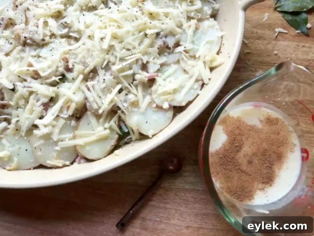 pouring milk mixture over gratin