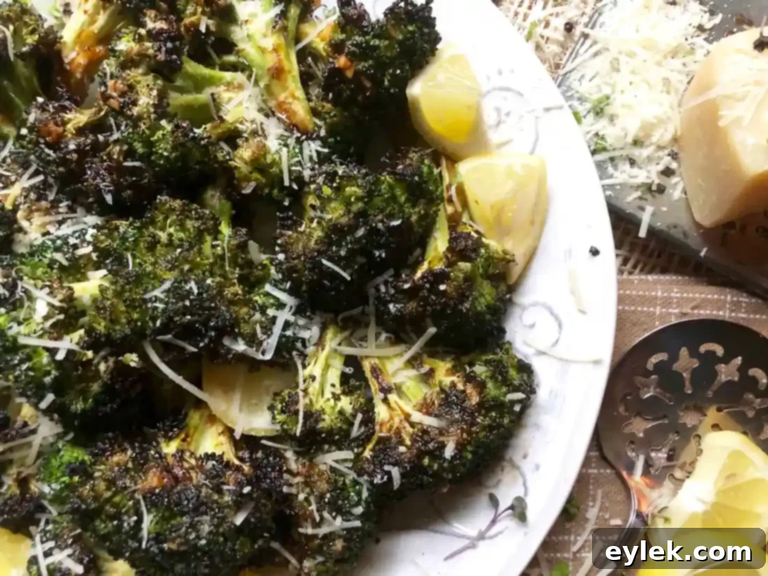 Smoky Marinated Broccoli Spears 11 Close-up of grilled marinated broccoli with Parmesan