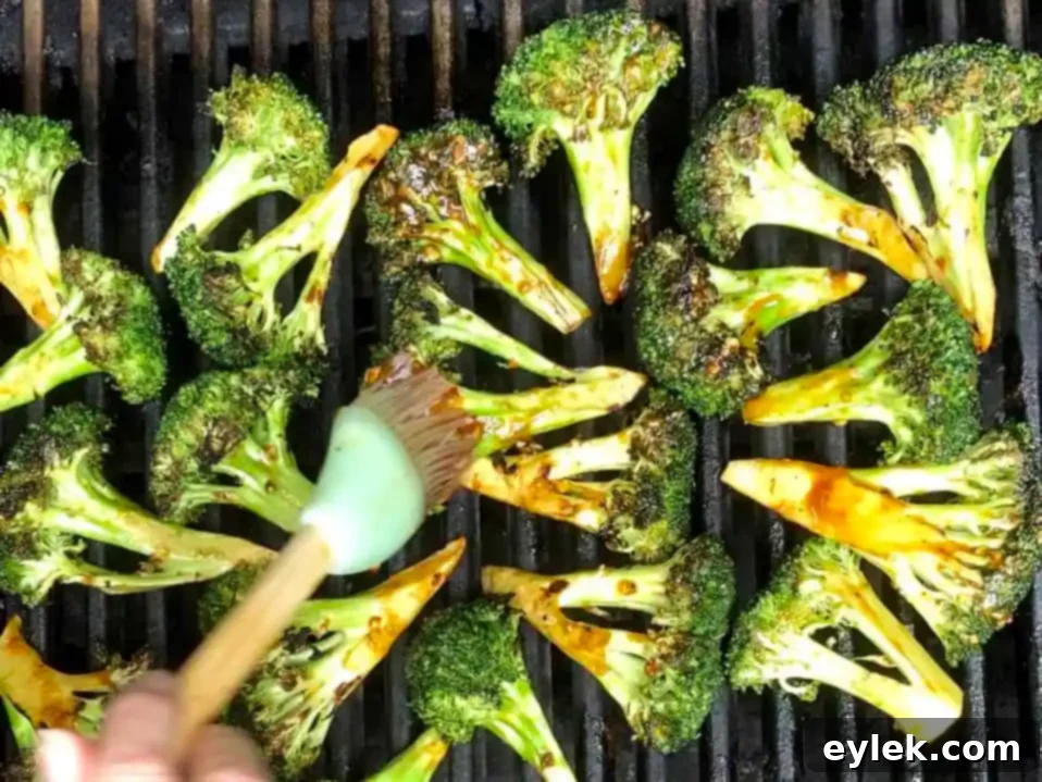 Smoky Marinated Broccoli Spears 9 Grilled marinated broccoli spears with visible char marks