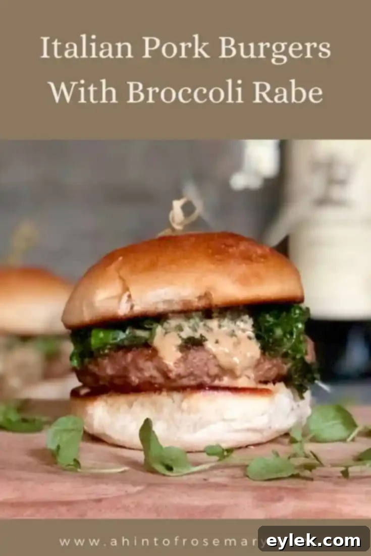 Stacked Italian pork burgers with broccoli rabe