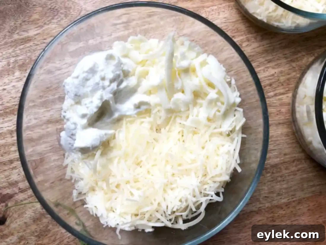 The bowl of mixed Parmesan, mozzarella, and ricotta cheese, prepared for the lasagna cups.