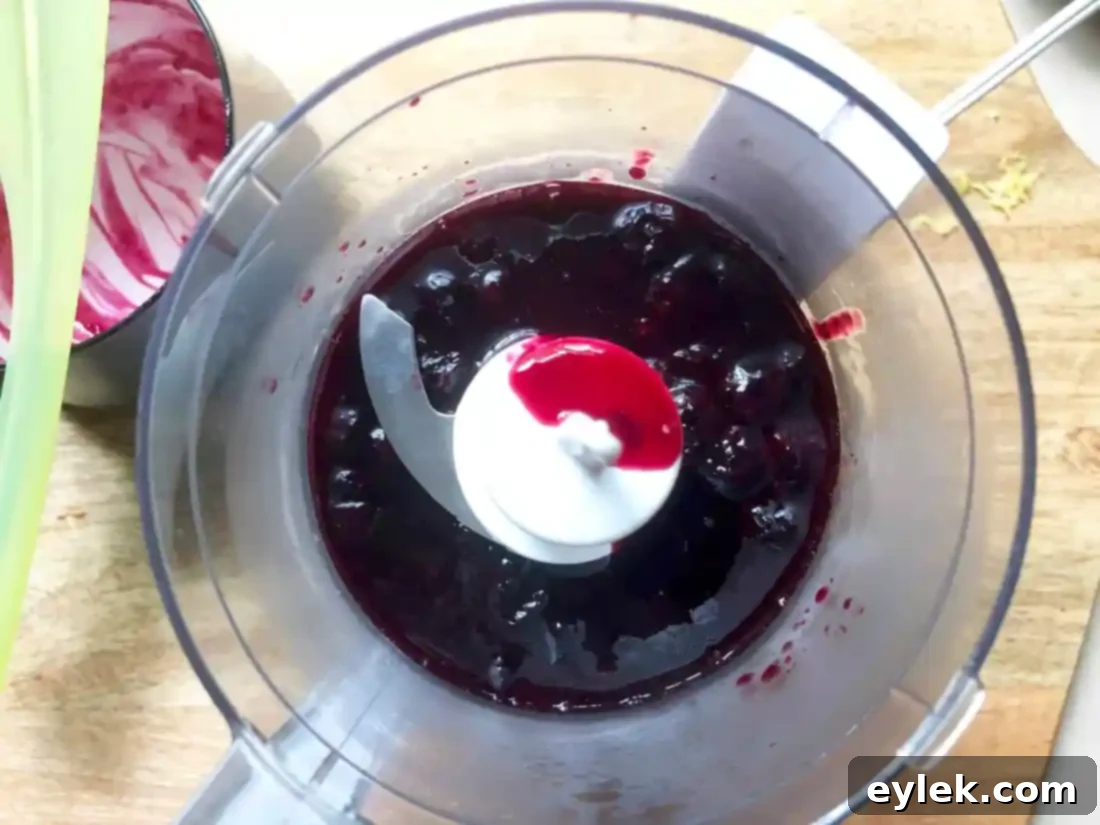 Blueberry mixture being pureed in a mini-processor