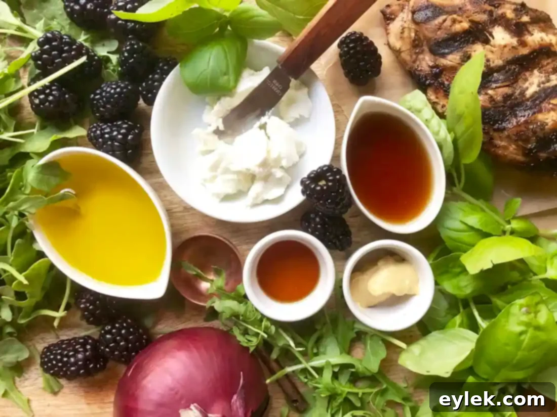 Vibrant Basil, Blackberry & Grilled Chicken Salad with fresh ingredients