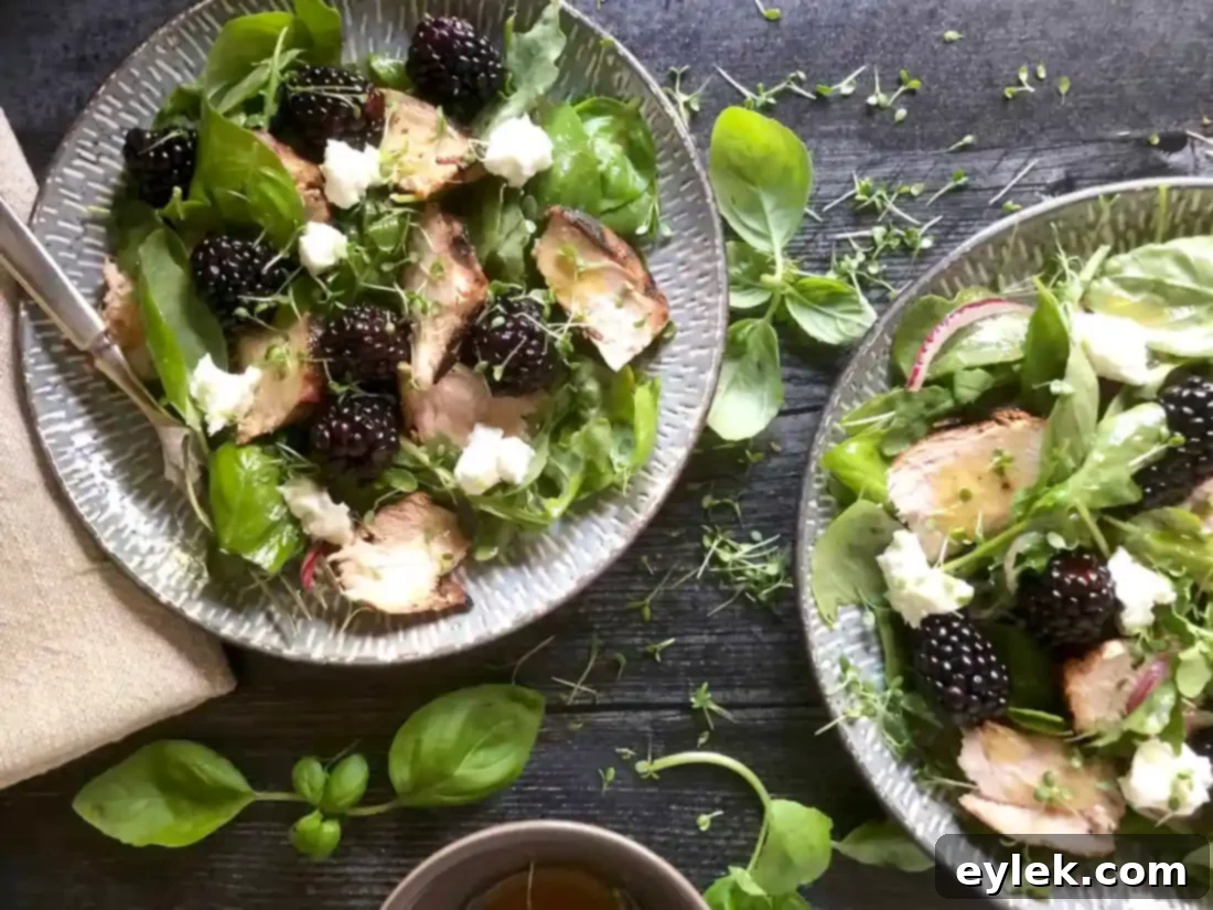 Overhead view of a beautiful Basil, Blackberry & Grilled Chicken Salad