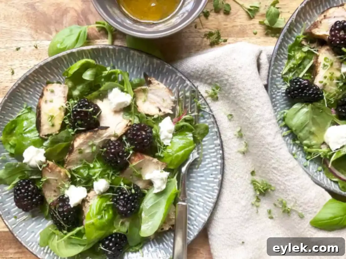 Side view of Basil, Blackberry & Grilled Chicken Salad, showcasing layers