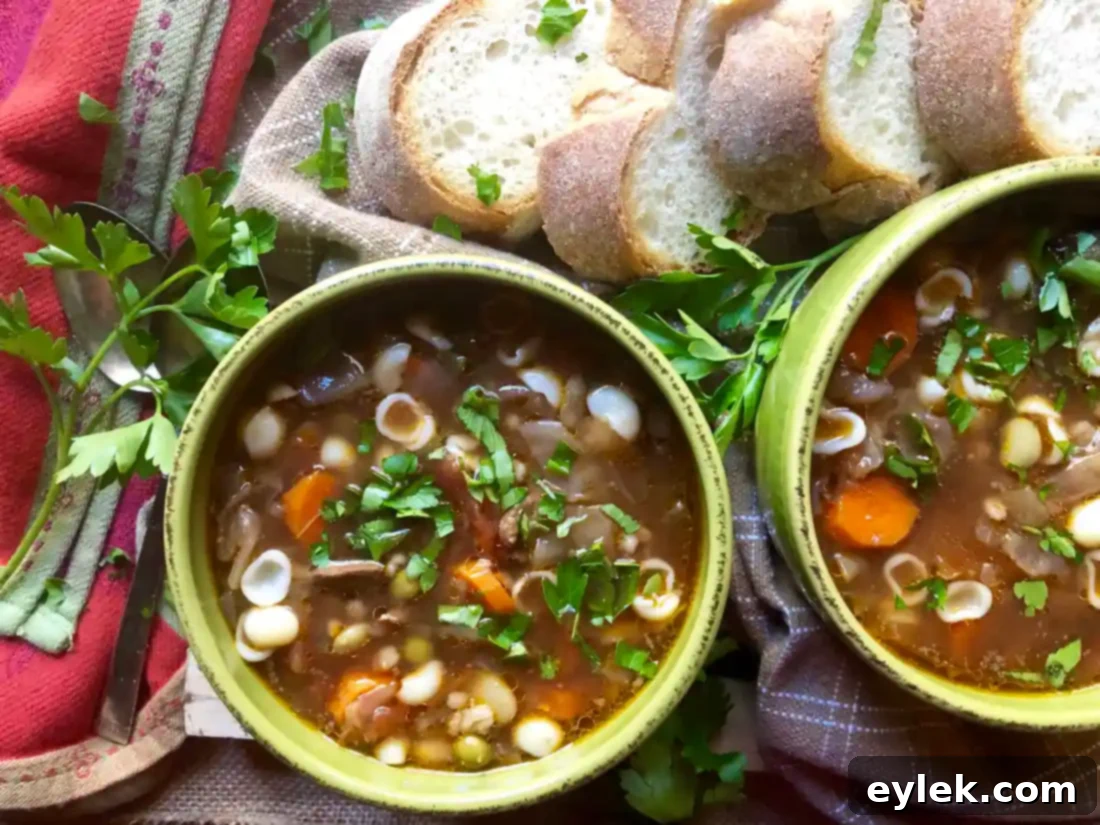Serving of the best beef barley soup with a spoon