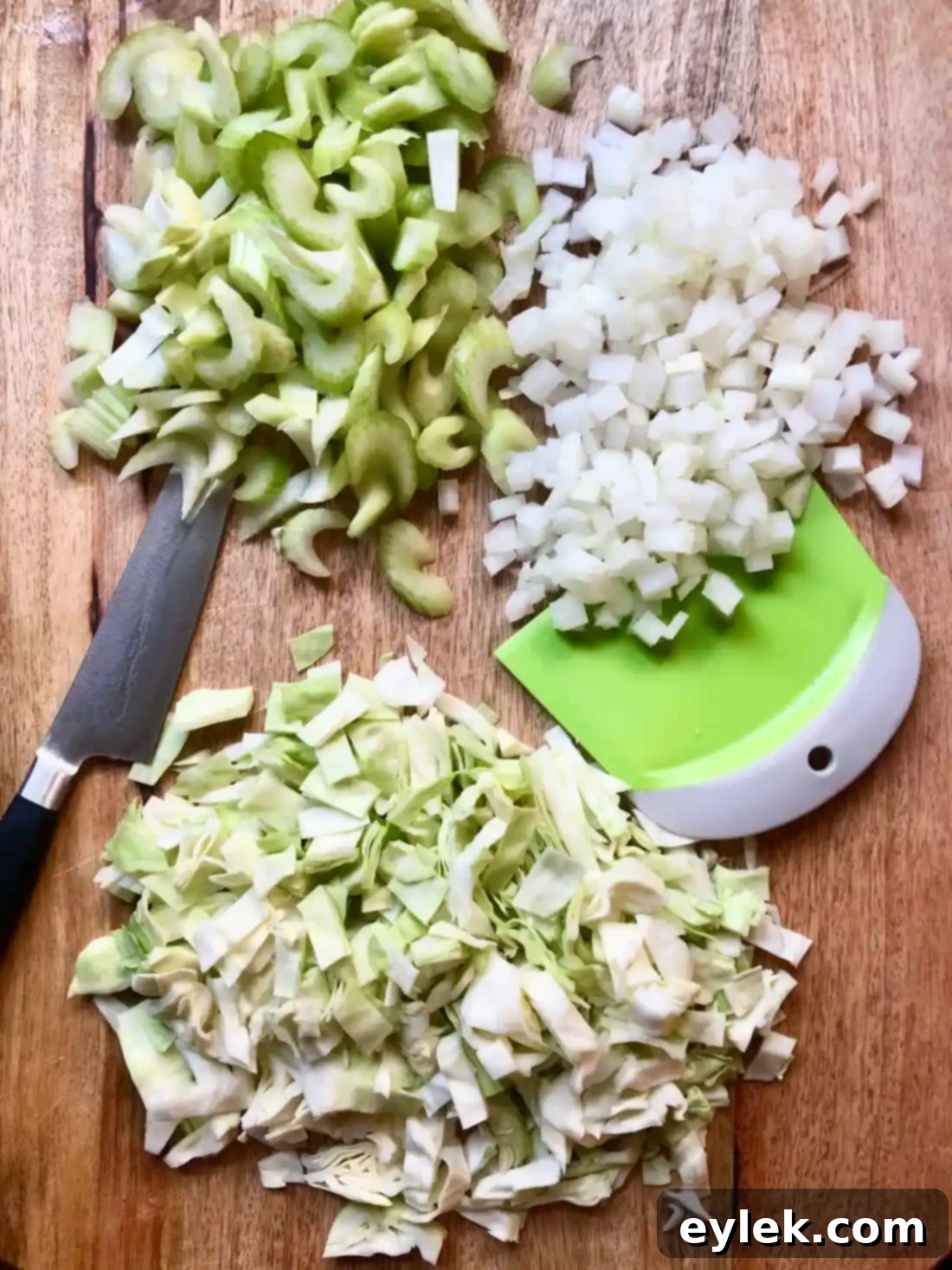 Chopped vegetables (celery, onion, cabbage) for beef barley soup
