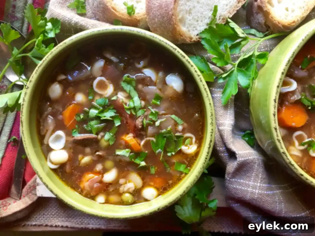 The Best Beef Barley Soup ready to serve in a bowl