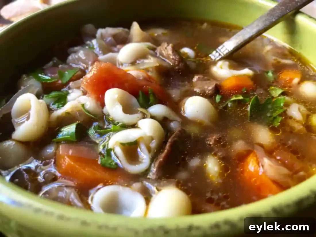 Two bowls of The Best Beef Barley Soup, served with pasta