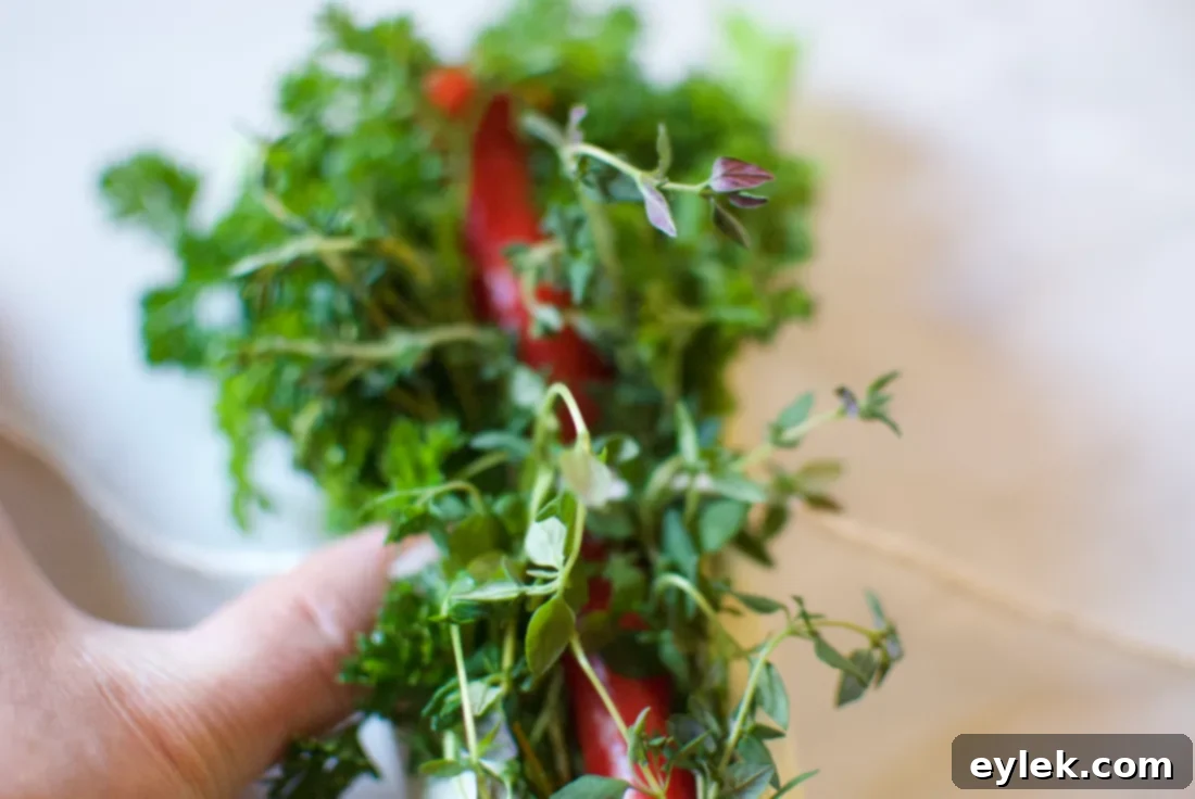 Custom bouquet garni with celery, parsley, thyme, serrano pepper wrapped in leek.