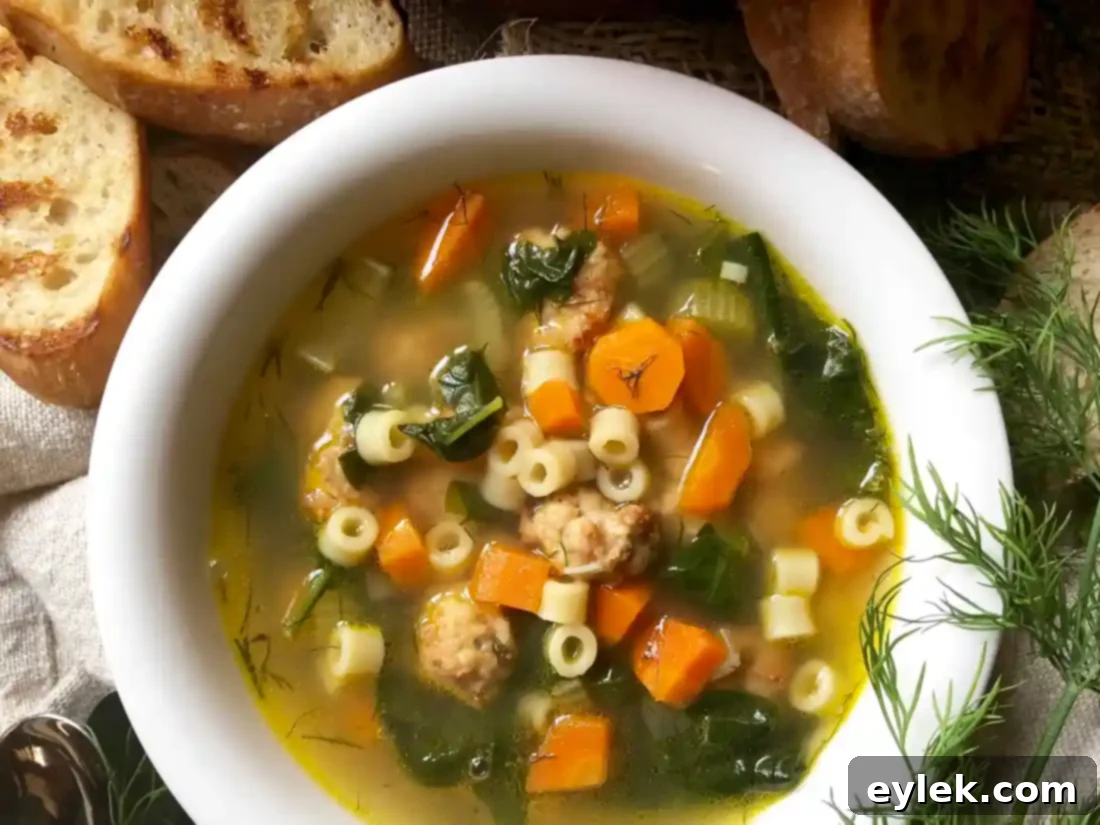 A beautifully presented bowl of Ina Garten's Italian Wedding Soup, ready to eat