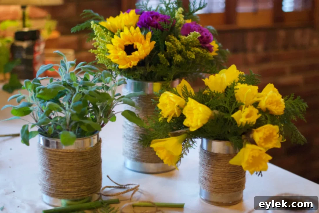 Shabby chic tin can planters with flowers on a sunny windowsill, radiating spring warmth