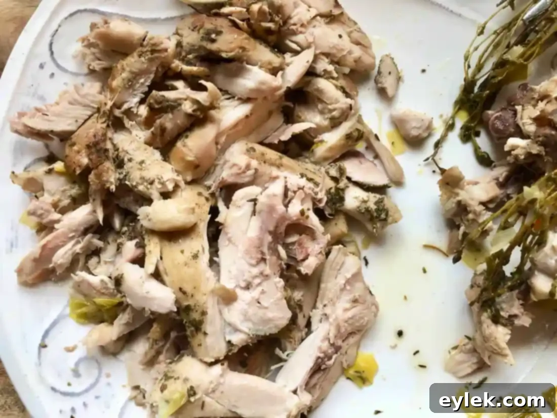 Shredded chicken returned to the slow cooker soup, ready for spinach