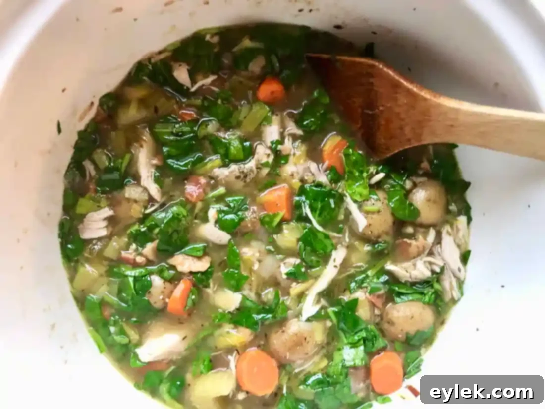 Fresh spinach added to the hot slow cooker soup, beginning to wilt