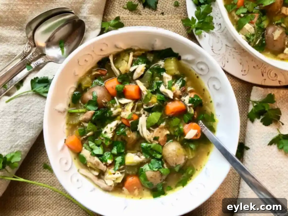 Another perspective of the rich Slow Cooker Chicken Soup with Bacon & Potatoes