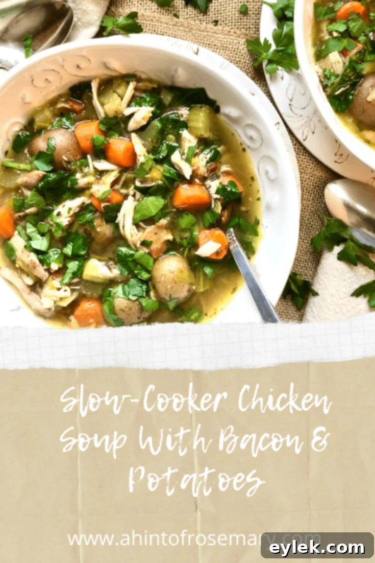 A final close-up of the delicious Slow Cooker Chicken Soup with Bacon & Potatoes, ready to serve.