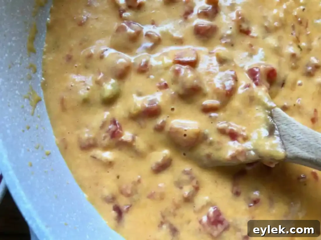 Perfectly melted queso, smooth and ready for the shrimp mixture.