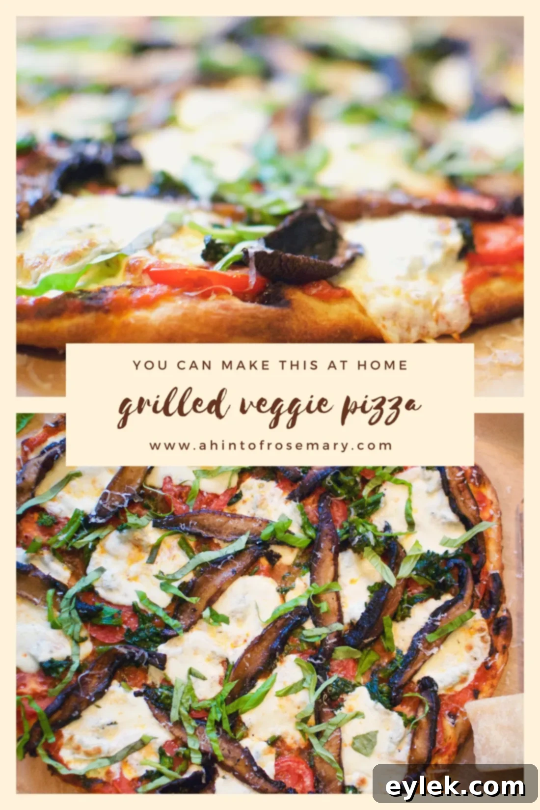 A slice of grilled veggie pizza being lifted from a whole pizza