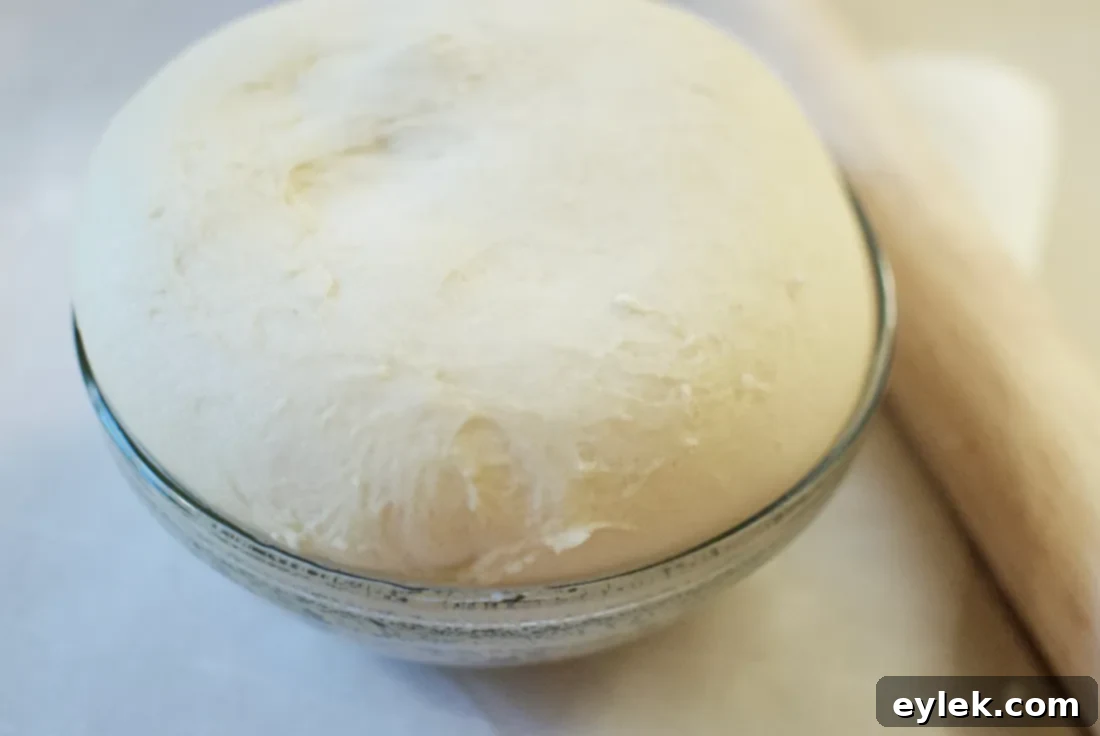 Pizza dough rising in an oiled bowl, covered with plastic wrap