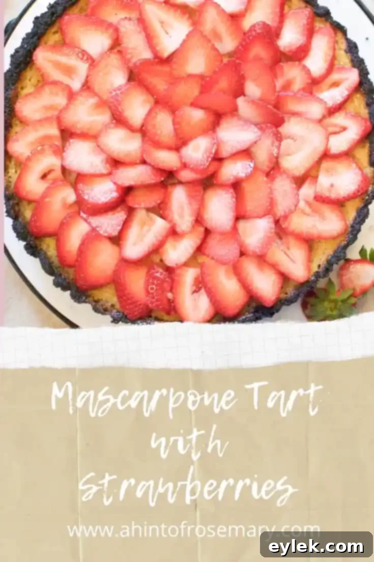 A stunning close-up of the finished Mascarpone Tart with Strawberries, ready to be enjoyed.