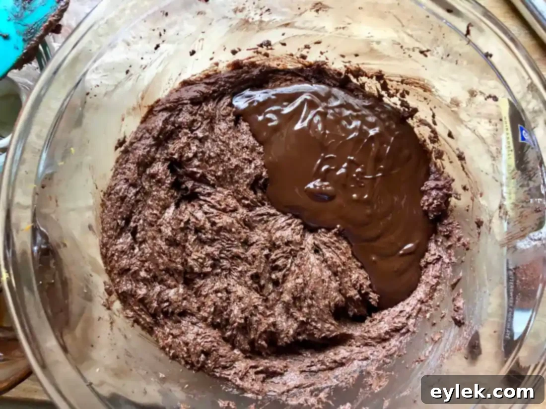 adding melted chocolate to cookie batter