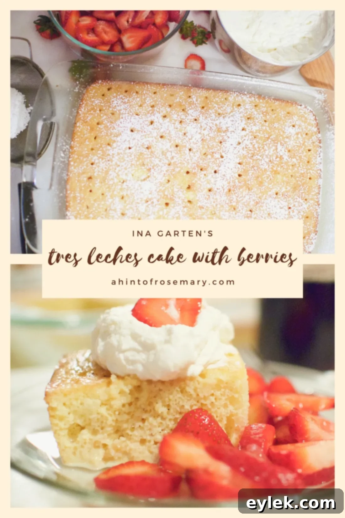 Finished Tres Leches Cake with generous toppings of berries and whipped cream