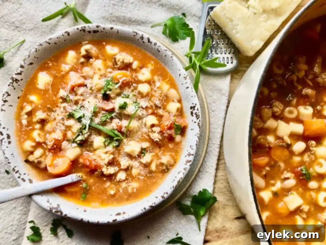 The Absolute Best Pasta e Fagioli served in a rustic bowl with fresh herbs, showcasing the rich colors