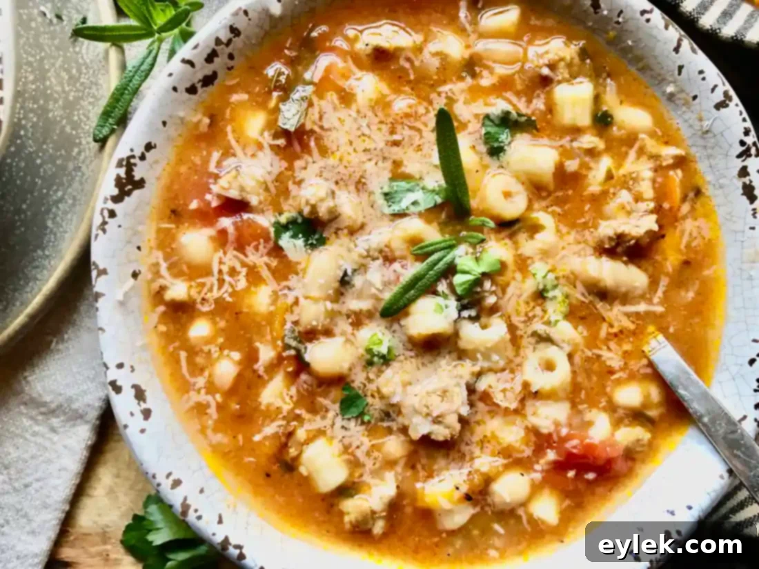 Bowl of Pasta e Fagioli with bread and salad, a complete meal