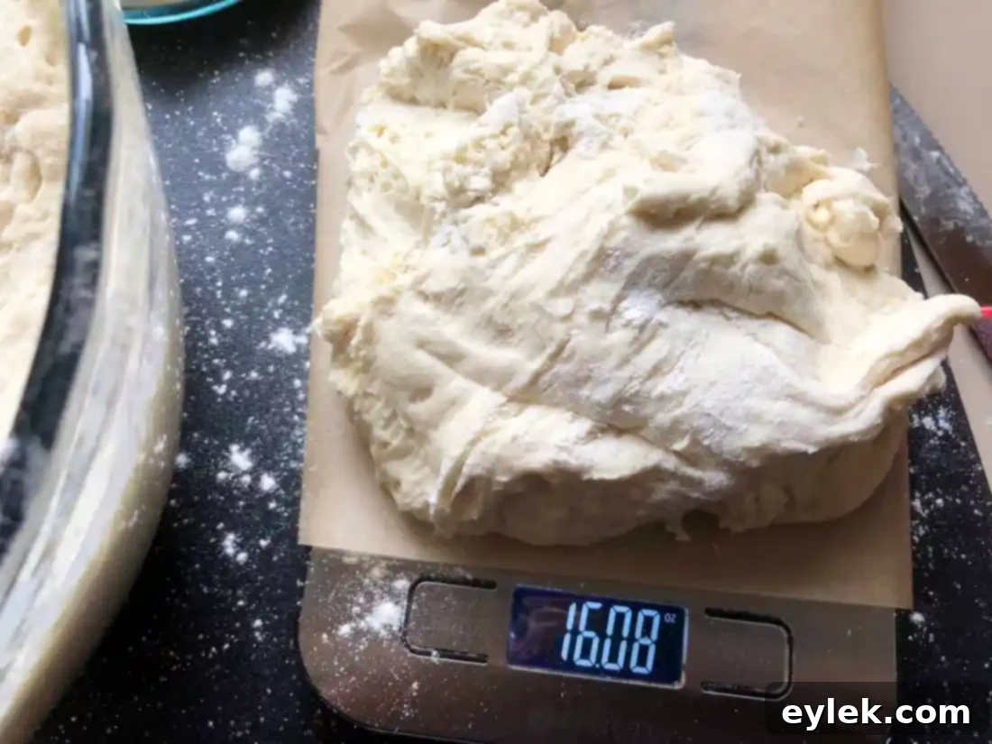 Shaping the dough for quick & easy no-knead olive bread with flour