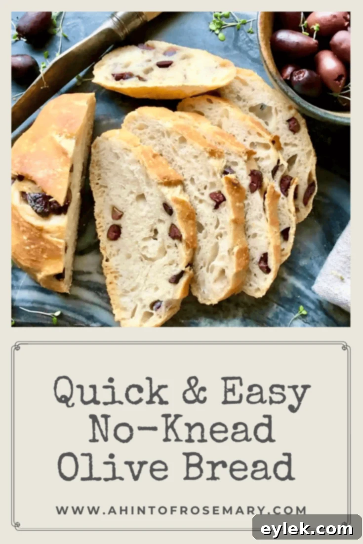 Beautifully baked Quick & Easy No-Knead Olive Bread, showcasing its rustic crust and golden color.