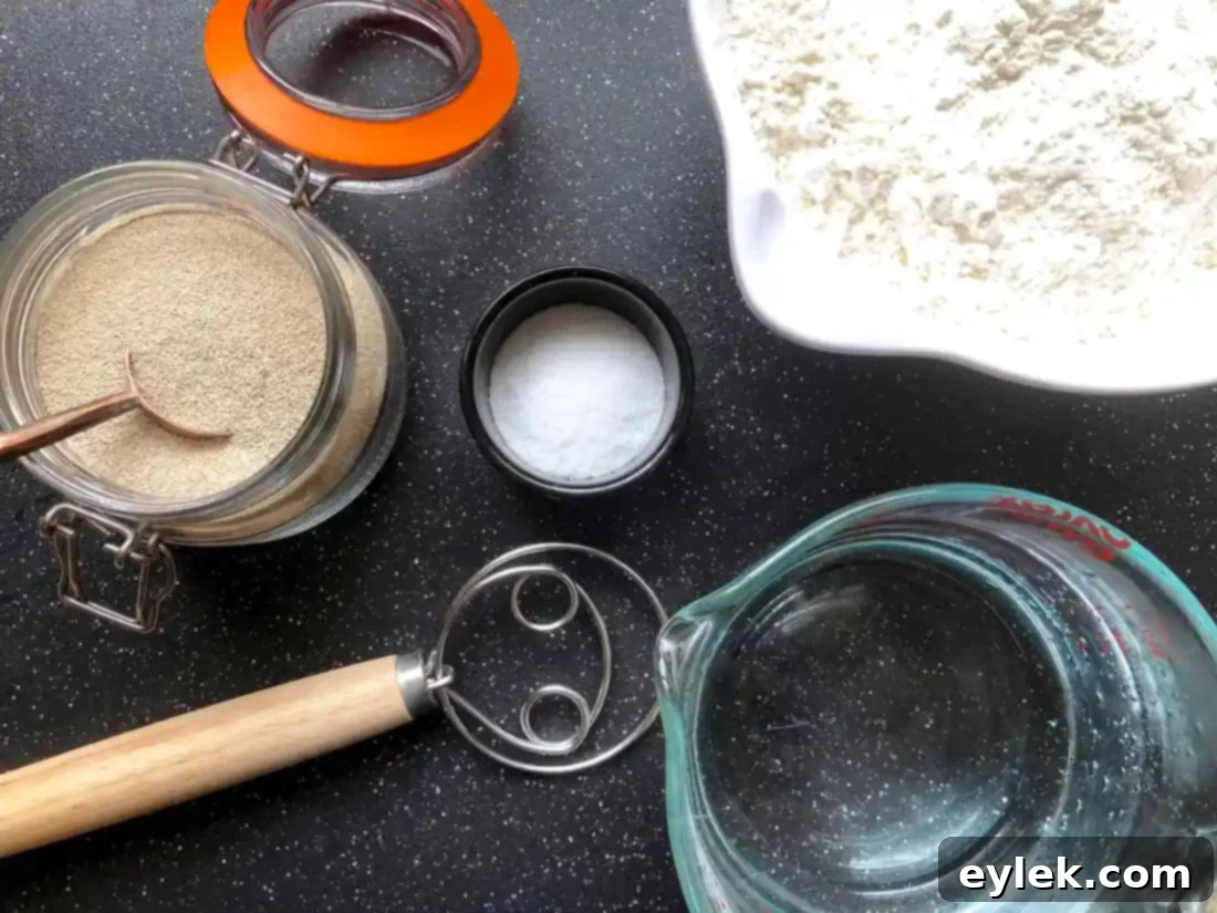 Mixing the no-knead bread dough in a large bowl
