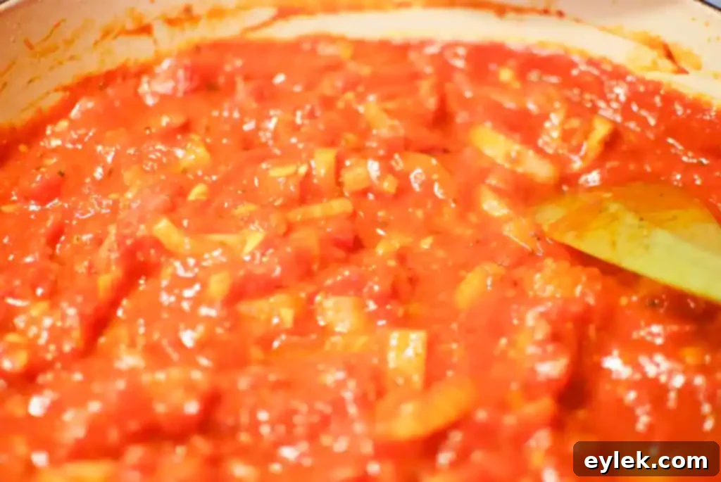 Tomato and fennel broth simmering in an oven-safe skillet