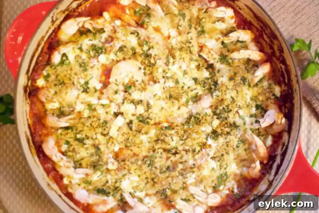 Close-up of freshly baked Roasted Shrimp with Fennel & Feta in a skillet