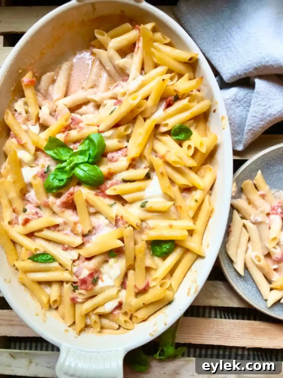 Penne with Tomato, Cream & Five Cheeses, arranged in a serving bowl with a spoon, highlighting its creamy texture.
