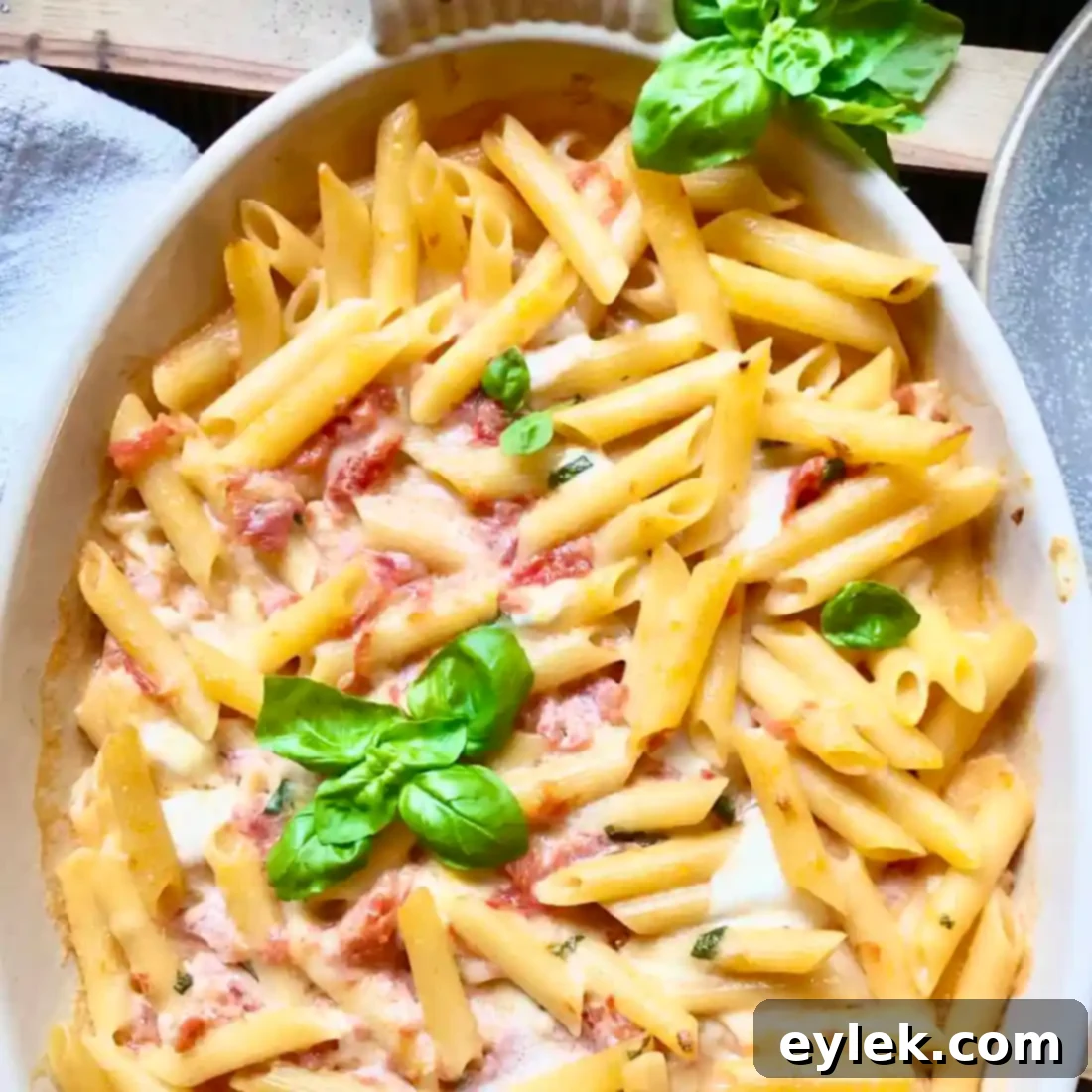 A dish of Penne with Tomato, Cream & Five Cheeses, ready to be enjoyed.