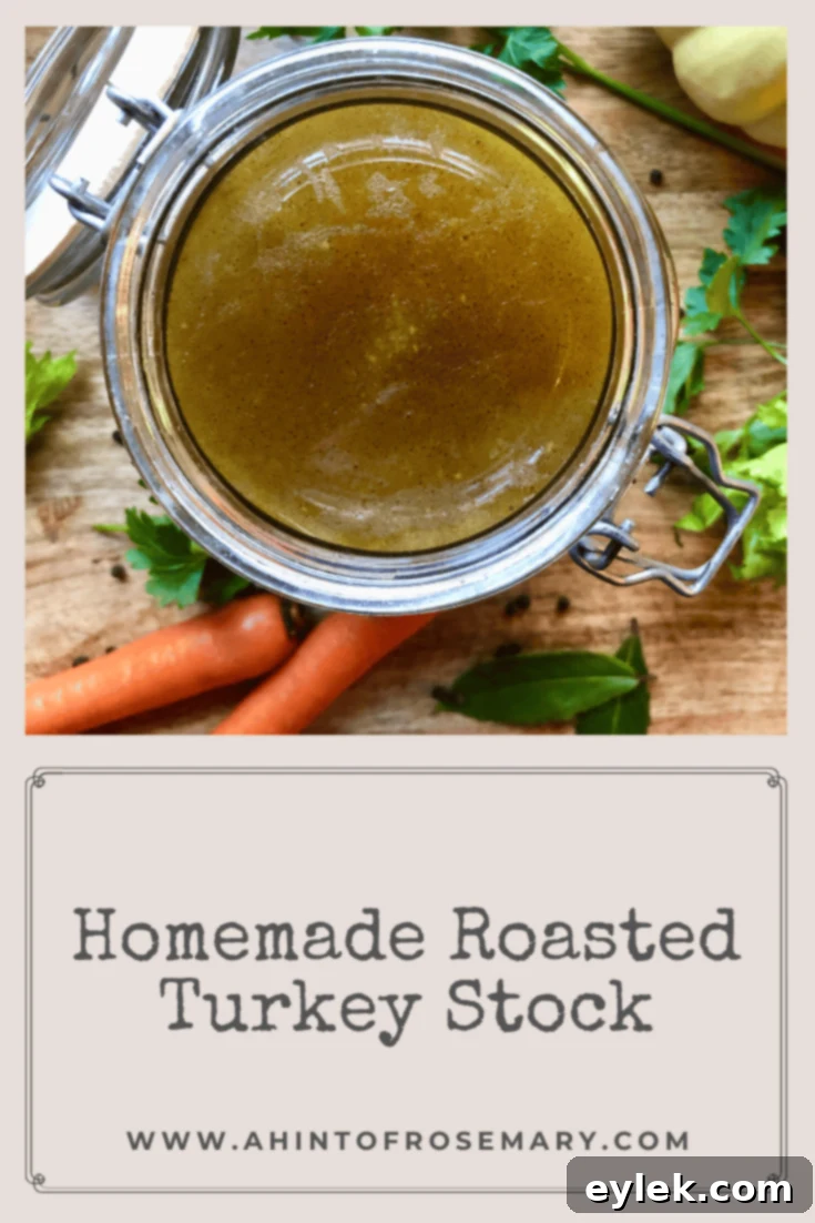Homemade Roasted Turkey Stock in a glass jar