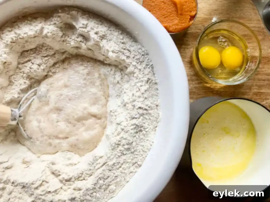 combining wet ingredients into dry ingredients for dough