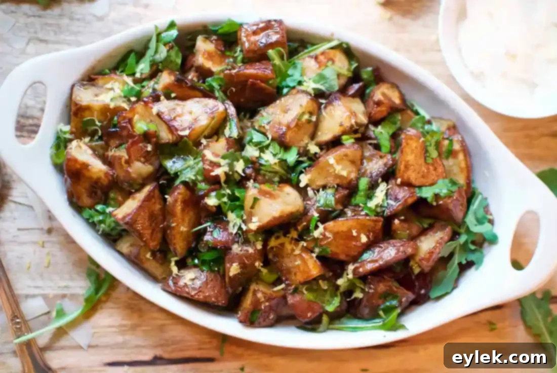 Two images of Balsamic Roasted Potato Salad, showcasing its appeal as a healthy, fresh alternative