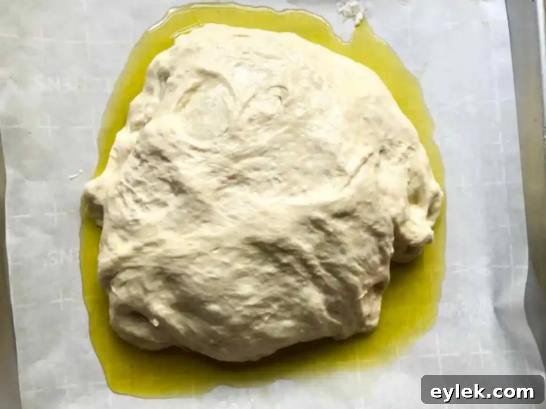 Pissaladière dough resting in olive oil on sheet pan