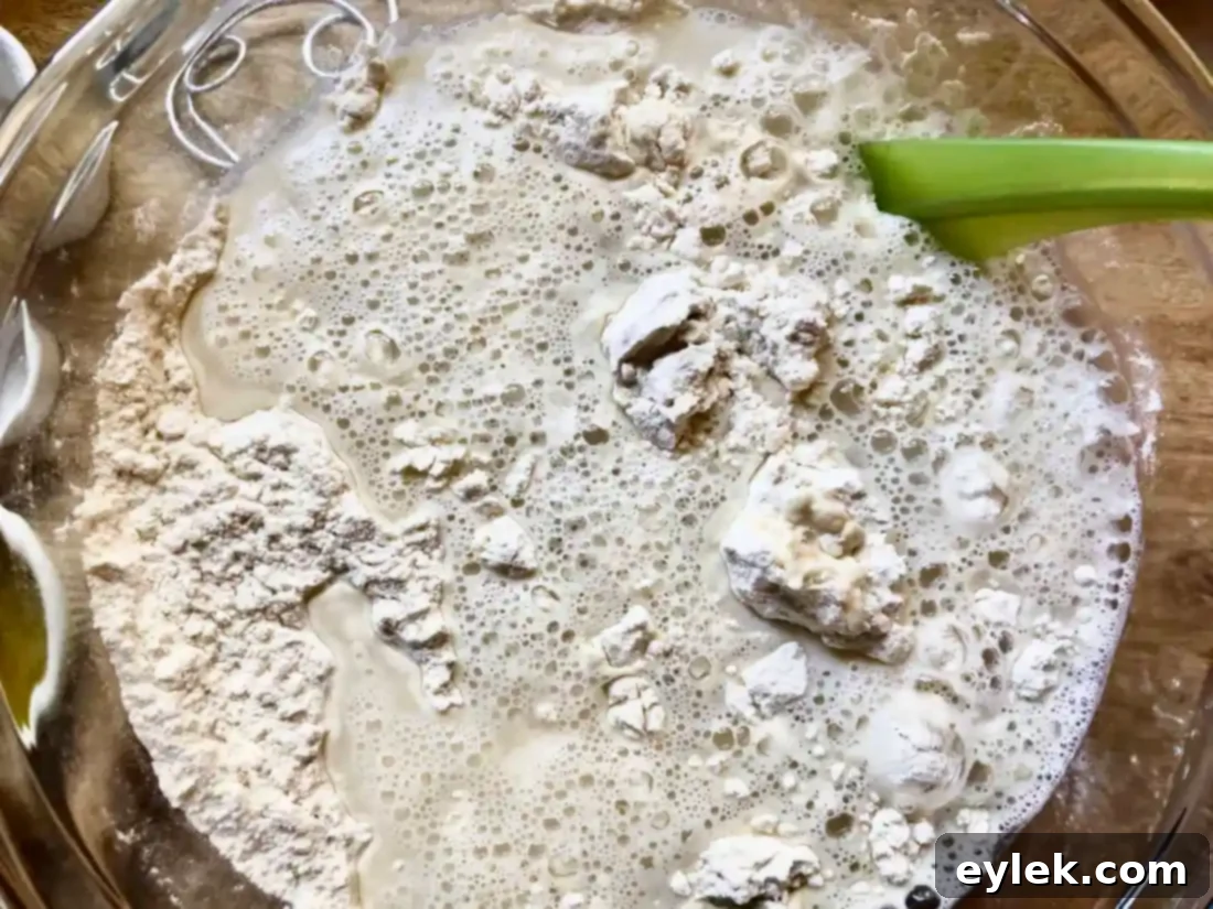 Sticky dough ball in a bowl, after initial mixing
